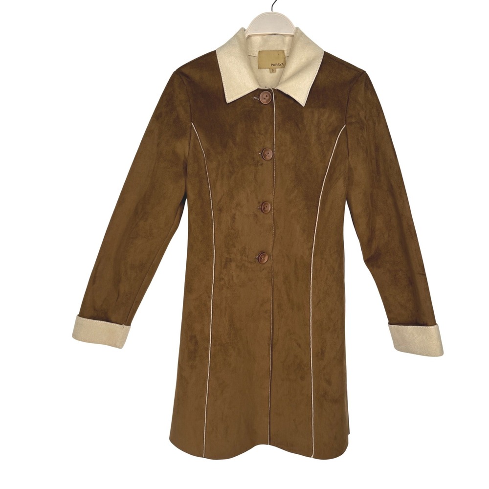 Papaya Brown Faux Suede‎ Contrast Trim Button Penny Lane Coat Small Retro 70s